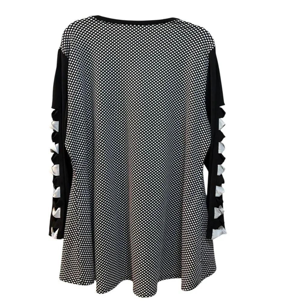 Calessa Tunic Blouse Womens 1X Plus Black White Polka Dot Long Bow Sleeve Top
